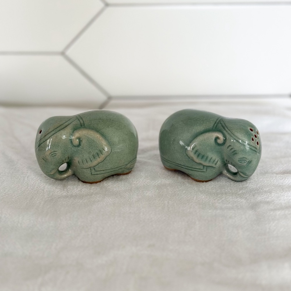 Celadon glaze ceramic elephant salt and pepper shakers